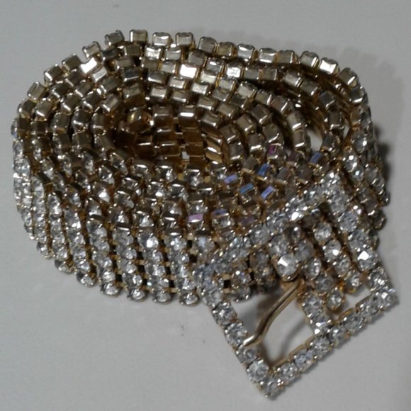 Vintage Clear Rhinestone   Gold Tone Belt  Length   33\